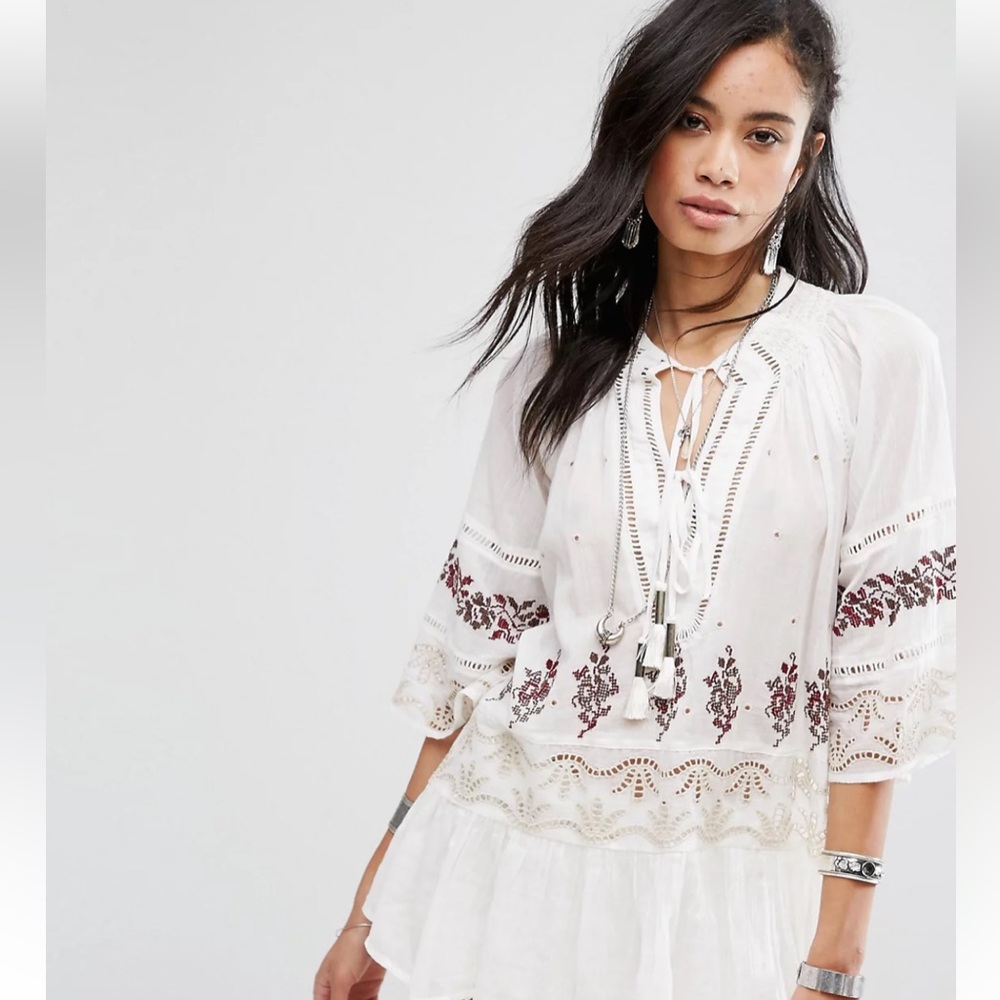 Free People White Tunic with Wine Floral Embroidery